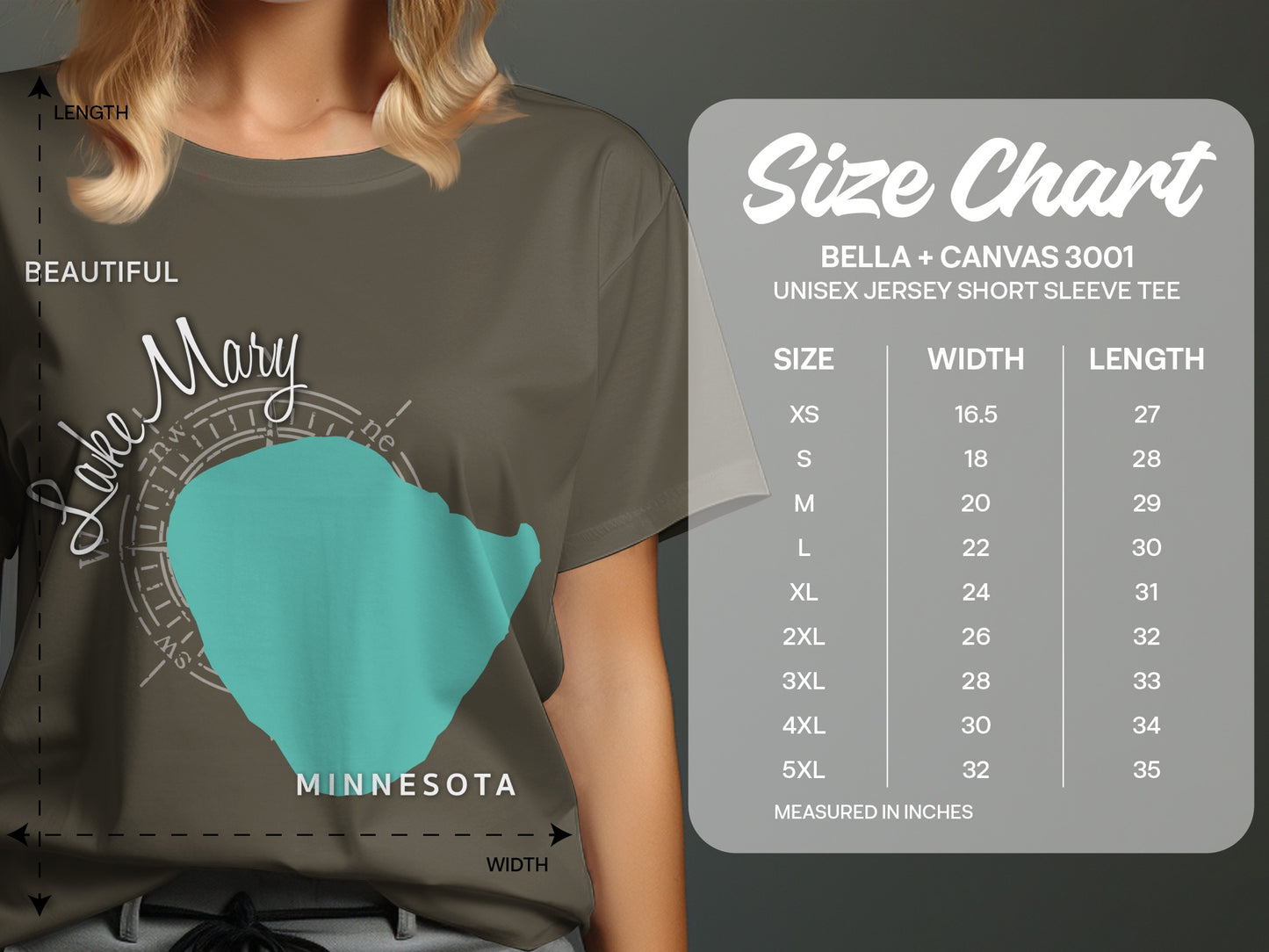 T-shirt with Lake Mary map graphic and size chart.