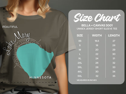 T-shirt with Lake Mary map graphic and size chart.
