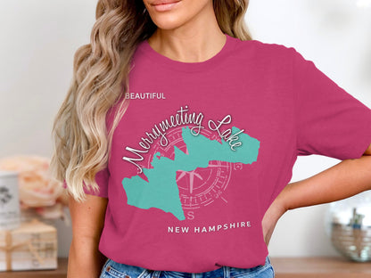 Pink t-shirt with a teal outline map of Merrymeeting Lake, New Hampshire.
