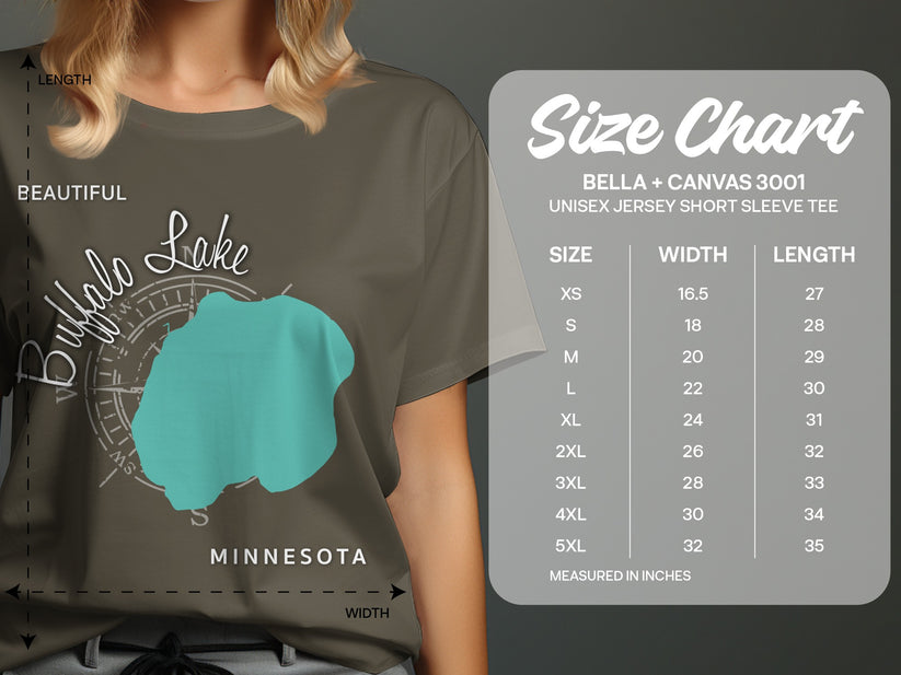 T-shirt size chart with measurements for Bella + Canvas 3001 unisex jersey tee.