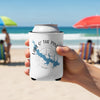 White koozie with a blue map of Lake O' The Pines, Texas and compass rose.