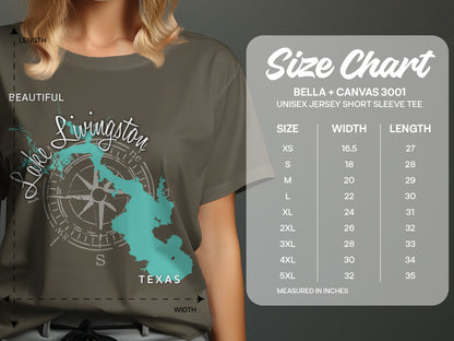 T-shirt size chart for Bella + Canvas 3001, showing measurements in inches.