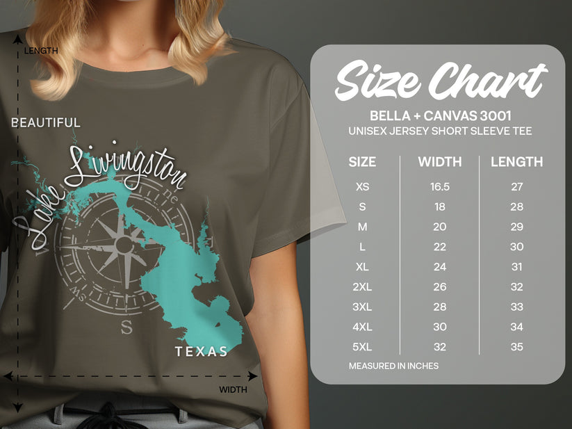 T-shirt size chart for Bella + Canvas 3001, showing measurements in inches.