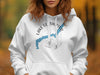 White hoodie with blue map graphic of Lake Ullswater England and compass design.