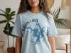 Bdin Lake North Carolina map graphic on a light blue t-shirt.