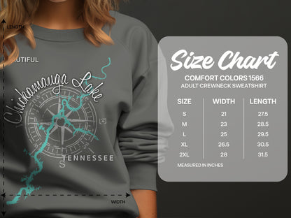 Crewneck sweatshirt size chart with measurements for Comfort Colors 1566.
