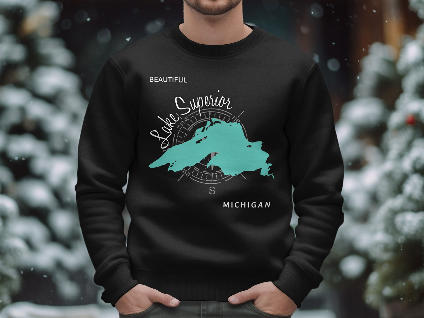 Black sweatshirt with Lake Superior Michigan map and compass design.