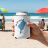 White can cooler with blue Alta Lake map and Washington text on beach.
