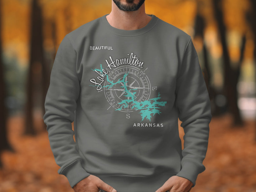 Gray sweatshirt with "Lake Hamilton Arkansas" and compass design.