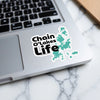Sticker with "Chain O' Lakes Life" text and teal lake map on a laptop.