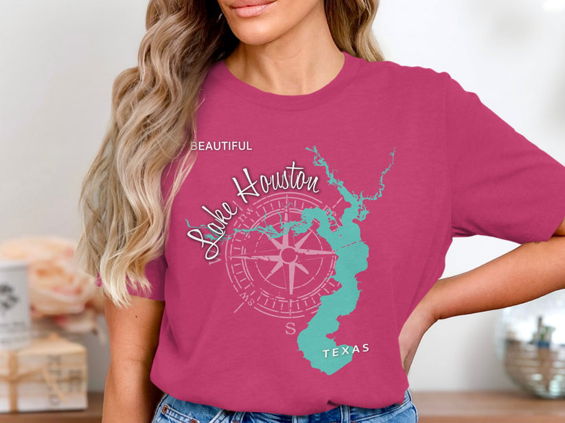 Pink t-shirt with teal Lake Houston Texas map and compass design.