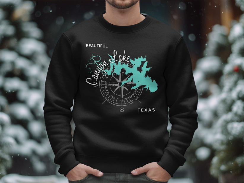 Black sweatshirt with a Texas map featuring Canyon Lake and compass graphic.