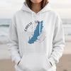 White hoodie with a blue map design of Carlyle Lake, Illinois and compass.