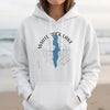 White Rock Lake Texas graphic on a white hoodie with compass design