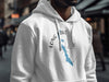 White hoodie with blue Long Lake Maine map and compass graphic.