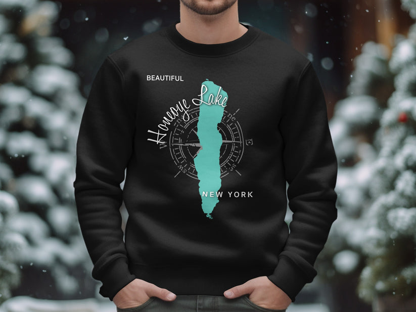 Black sweatshirt featuring a compass rose with "Beautiful Honeoye Lake" and "New York".