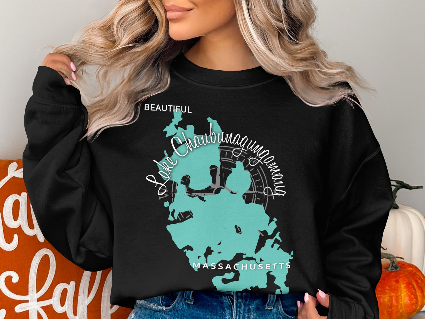 Black sweatshirt with teal Lake Chaubunagungamaug map and "Beautiful Massachusetts" text.