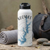 White water bottle with "KEOWEE" text and blue lake outline over compass rose.