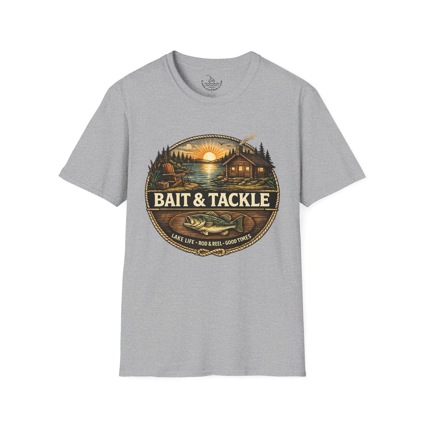 Bait & Tackle Fishing Lake Life T-Shirt | Rustic Lodge Cabin Mounted Bass Fishing Themed Bait Store Shirt