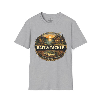 Bait & Tackle Fishing Lake Life T-Shirt | Rustic Lodge Cabin Mounted Bass Fishing Themed Bait Store Shirt