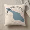 Cream pillow with blue Catalina Island map and text, "Catalina Island California".