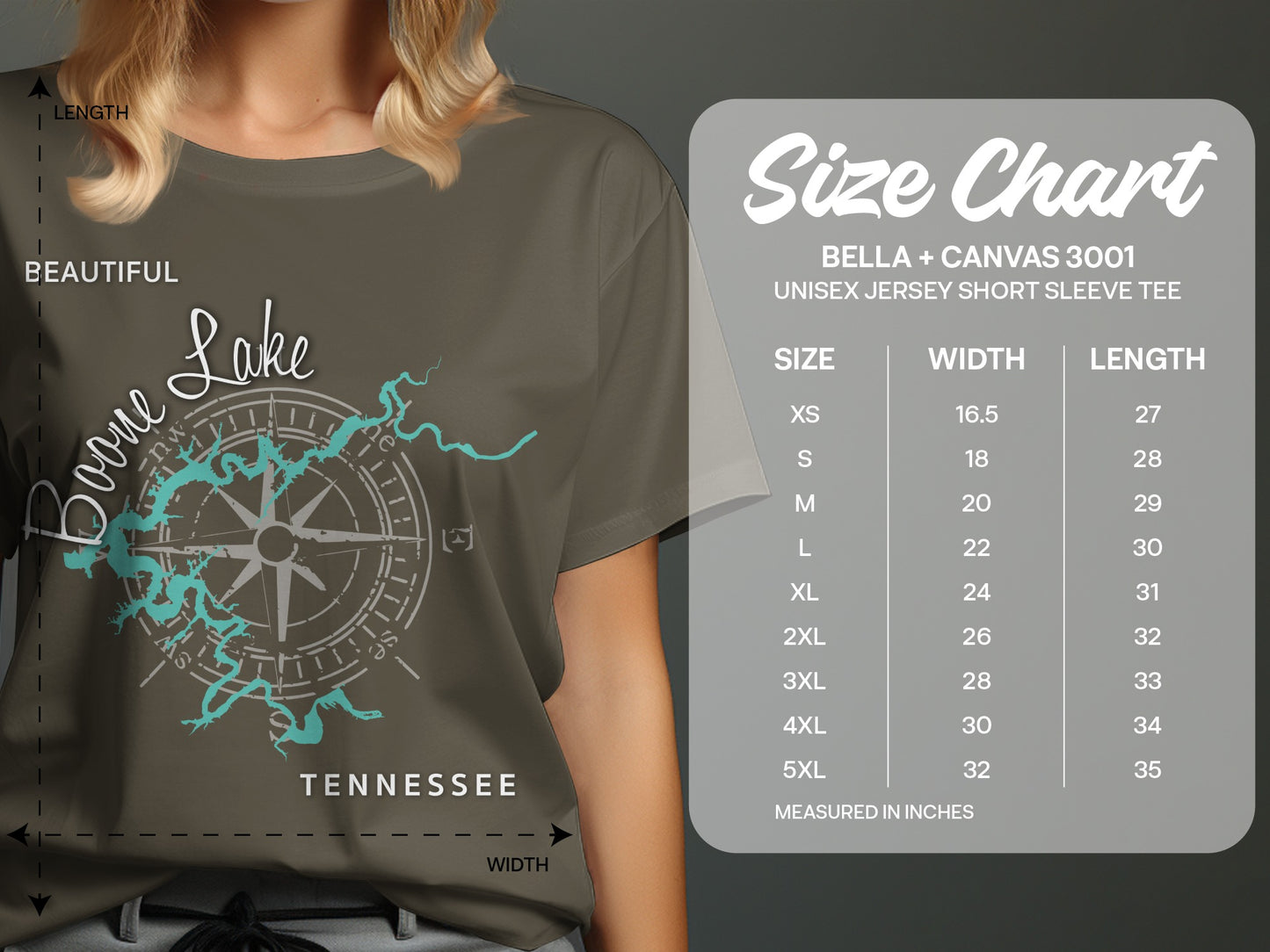 Dark green t-shirt with compass graphic and "Boone Lake Tennessee" text above size chart.