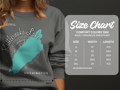 Size chart for Comfort Colors 1566 adult crewneck sweatshirt with measurements.