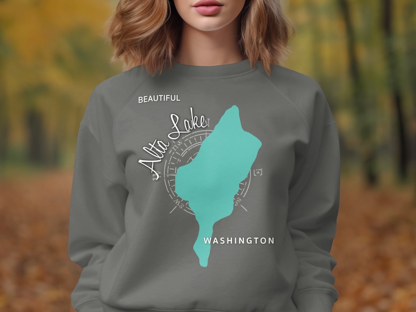 Gray sweatshirt with "Alta Lake Beautiful Washington" map graphic.