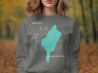 Gray sweatshirt with "Alta Lake Beautiful Washington" map graphic.