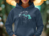 Dark blue hoodie with lake map and compass graphic on front chest