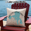 Pillow with Yellowstone Lake map and compass design on Adirondack chair.