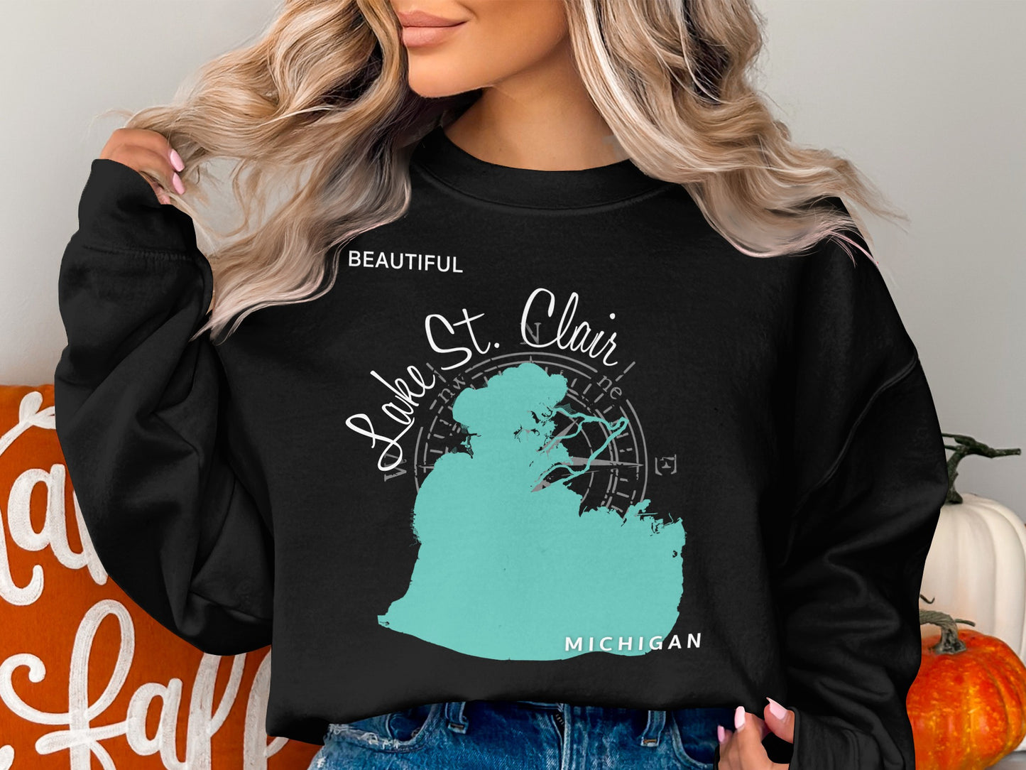 Black sweatshirt with Lake St. Clair, Michigan map and compass graphic.