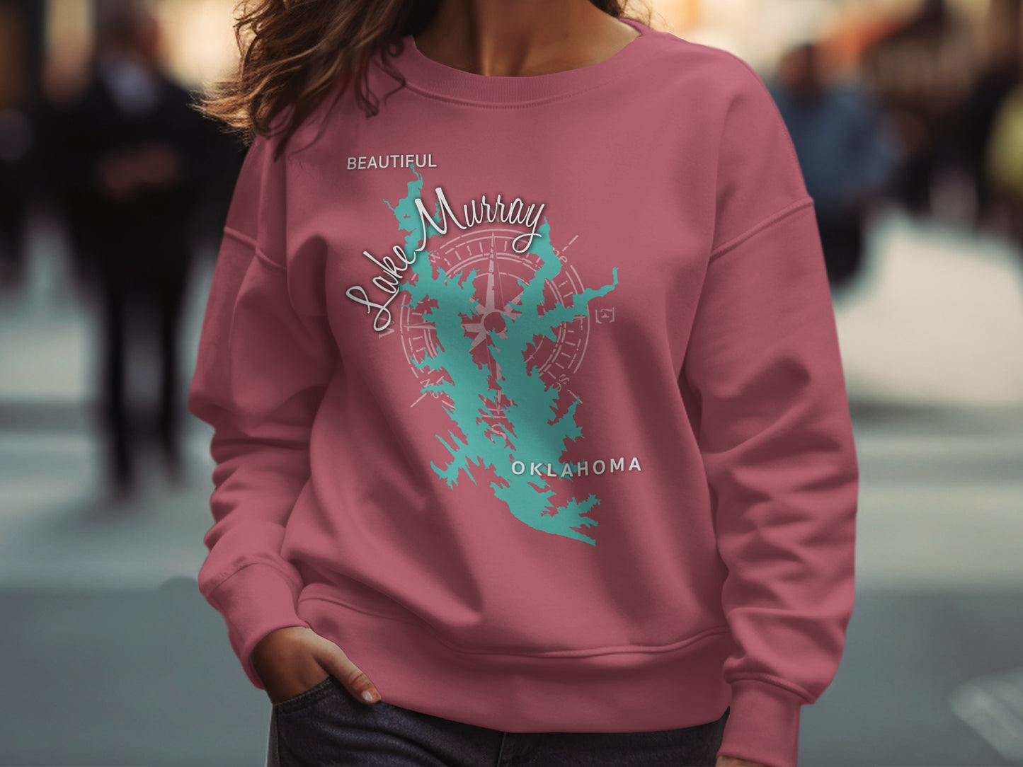 Pink sweatshirt with "Beautiful Lake Murray Oklahoma" map design.