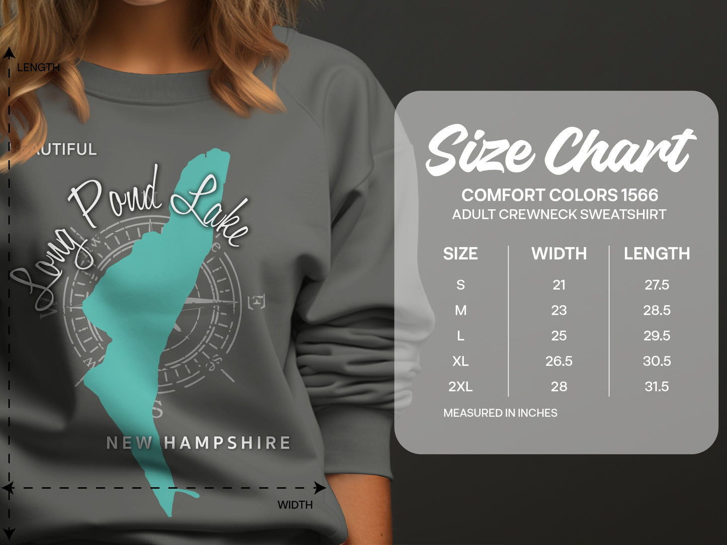 Long Pond Lake New Hampshire sweatshirt size chart with measurements.
