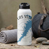 White water bottle with Las Vegas text and compass design.