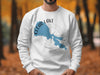 White sweatshirt on a person featuring a blue Clear Lake California map with compass rose design.