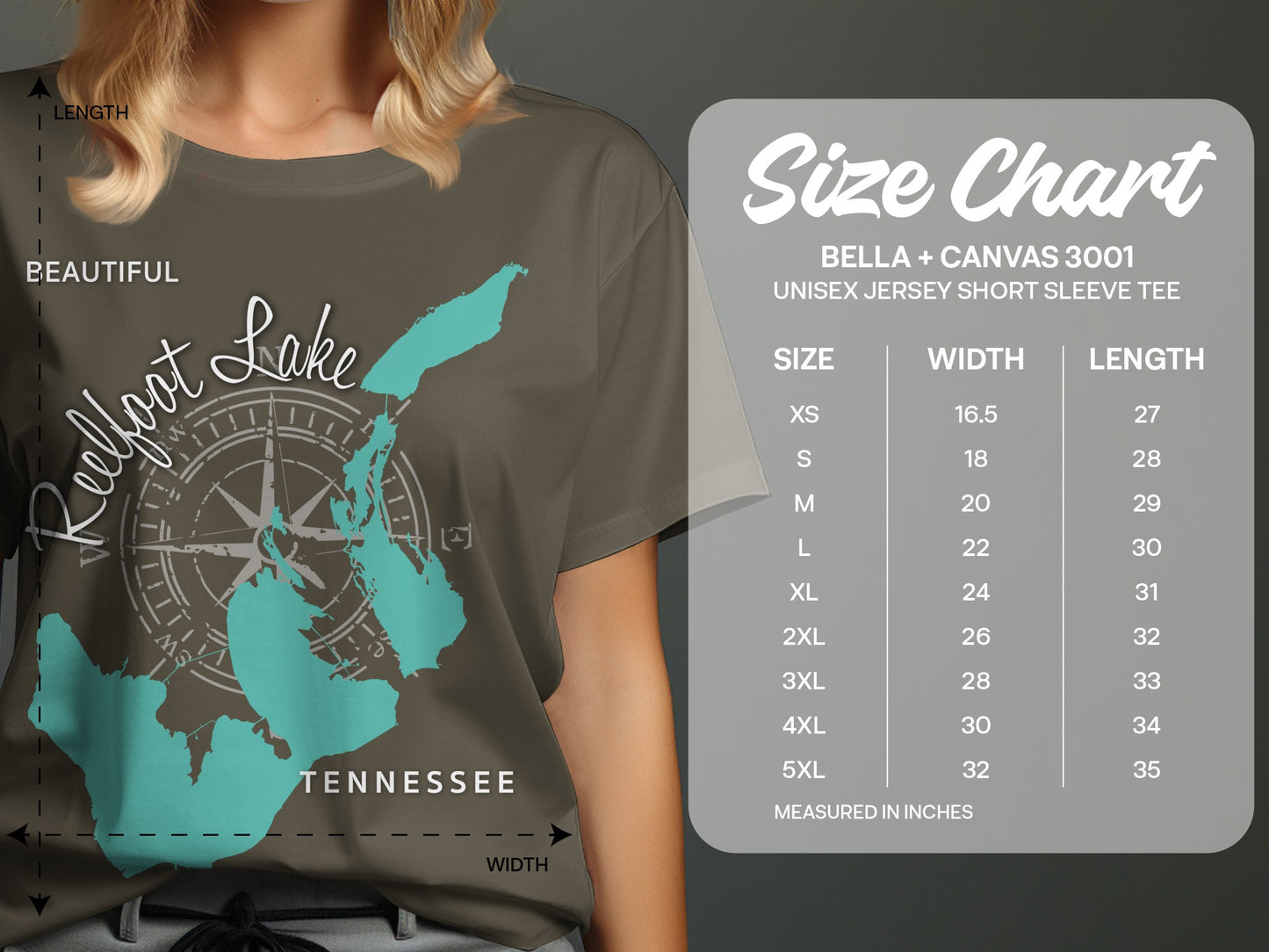 Size chart for Bella + Canvas 3001 unisex short sleeve tees with Reelfoot Lake graphic.