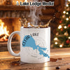 White mug with "Clear Lake California" map design and a splash of coffee.