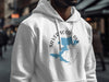 White hoodie with Silverwood Lake California map, compass graphic, and text.