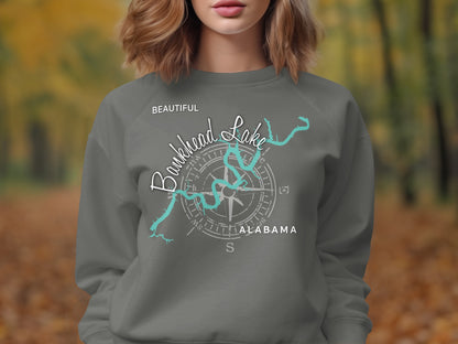 Gray sweatshirt with "Beautiful Bankhead Lake Alabama" text and compass rose design.