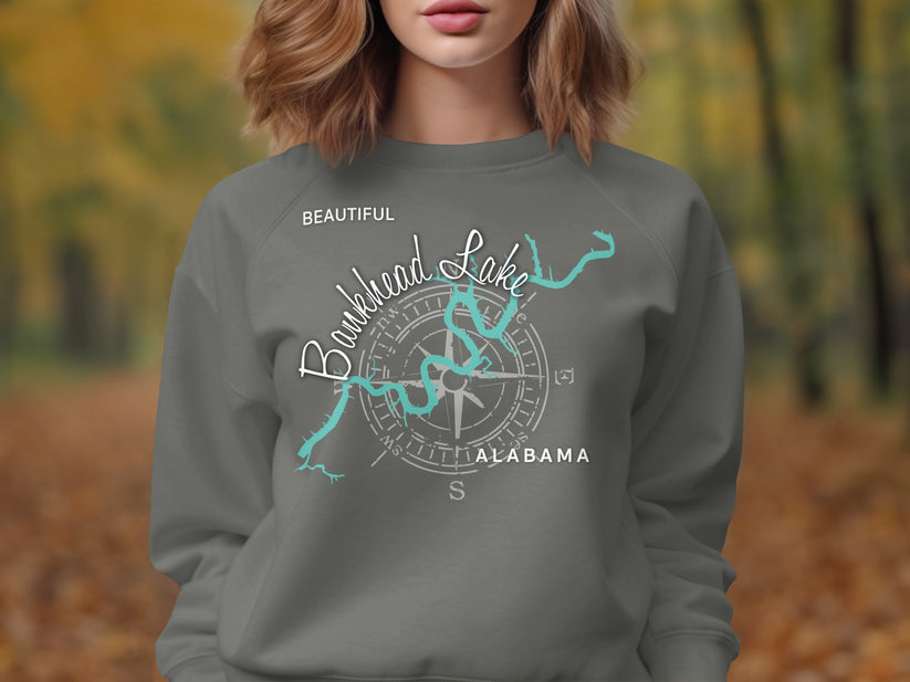 Gray sweatshirt with "Beautiful Bankhead Lake Alabama" text and compass rose design.