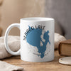 White mug with Sebago Lake map and "Maine" text, rising steam.