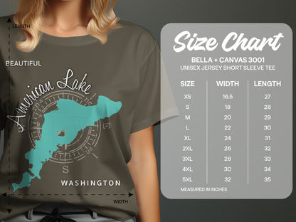 T-shirt size chart with "American Lake Washington" map graphic and BELLA + CANVAS 3001 details.