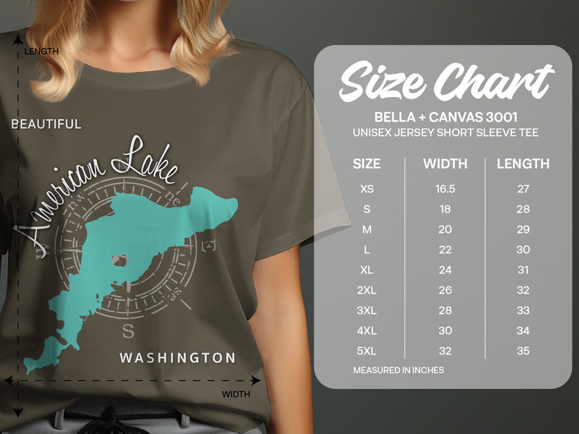 T-shirt size chart with "American Lake Washington" map graphic and BELLA + CANVAS 3001 details.