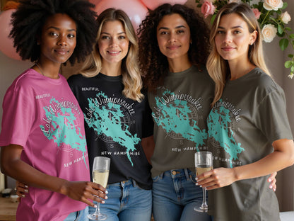 Four women in graphic tees featuring a teal map of Lake Winnipesaukee, New Hampshire.