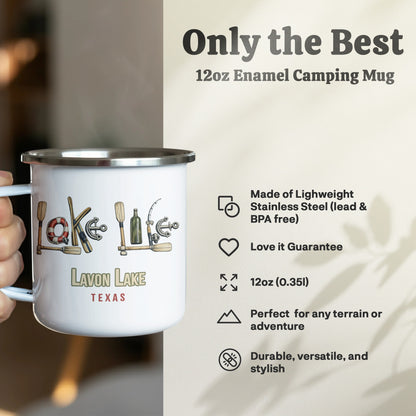 White enamel camping mug with "Lake Lavon Texas" design.