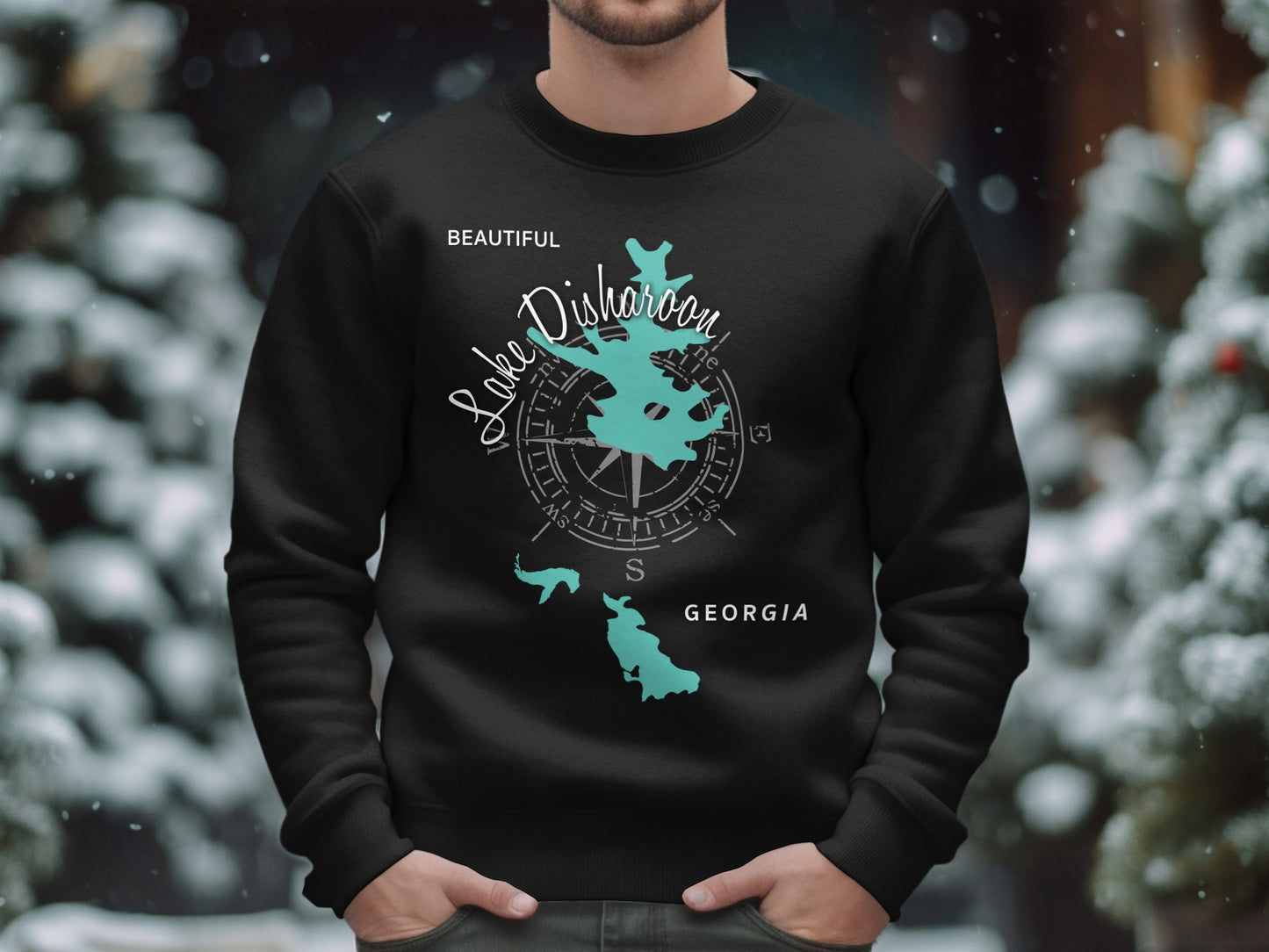 Black sweatshirt with "Beautiful Lake Disharoon Georgia" compass design.