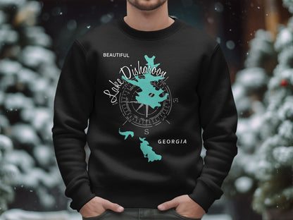 Black sweatshirt with "Beautiful Lake Disharoon Georgia" compass design.