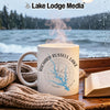 White mug with "Richard Russell Lake Georgia" design and compass rose.