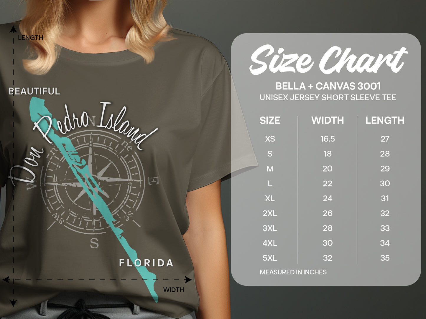 T-shirt size chart for BELLA + CANVAS 3001 unisex jersey short sleeve tee.